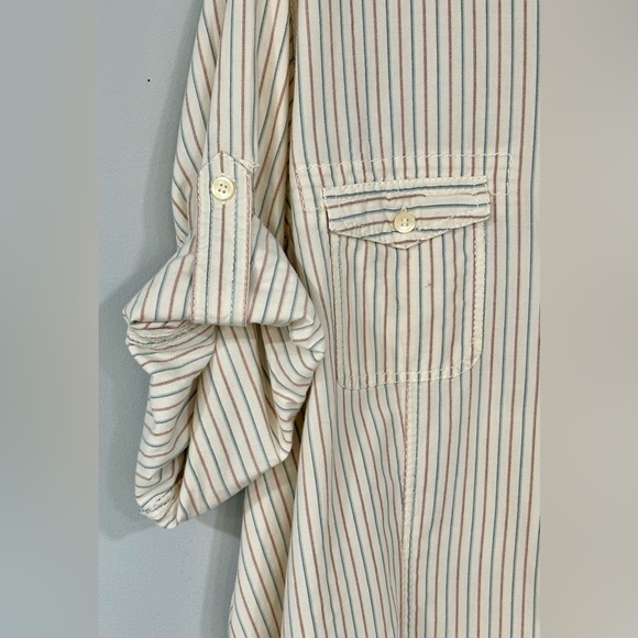 LIZ CLAIBORNE Ivory Blue Peach Striped Seersucker Convertible Button Down Blouse - Picture 2 of 3